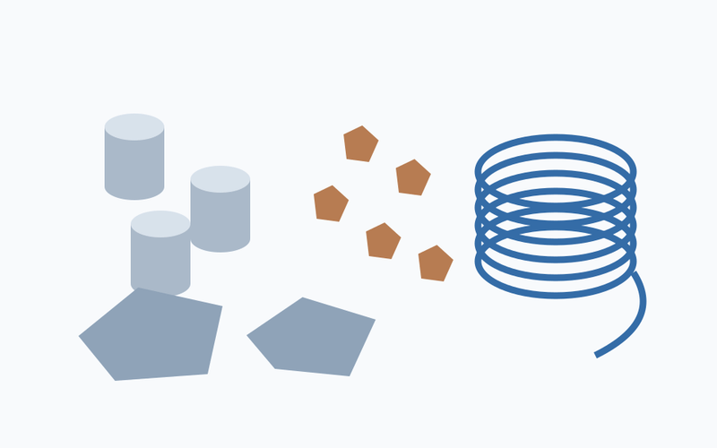 Conceptual comparison of metal pellets, granules, pieces, and wire used as evaporation feedstock.