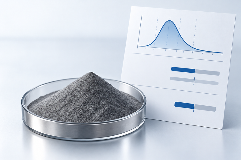 Illustrative fine gray metal powder in a shallow dish beside an abstract particle-size distribution graphic; not a photograph of a supplied lot or an actual COA.