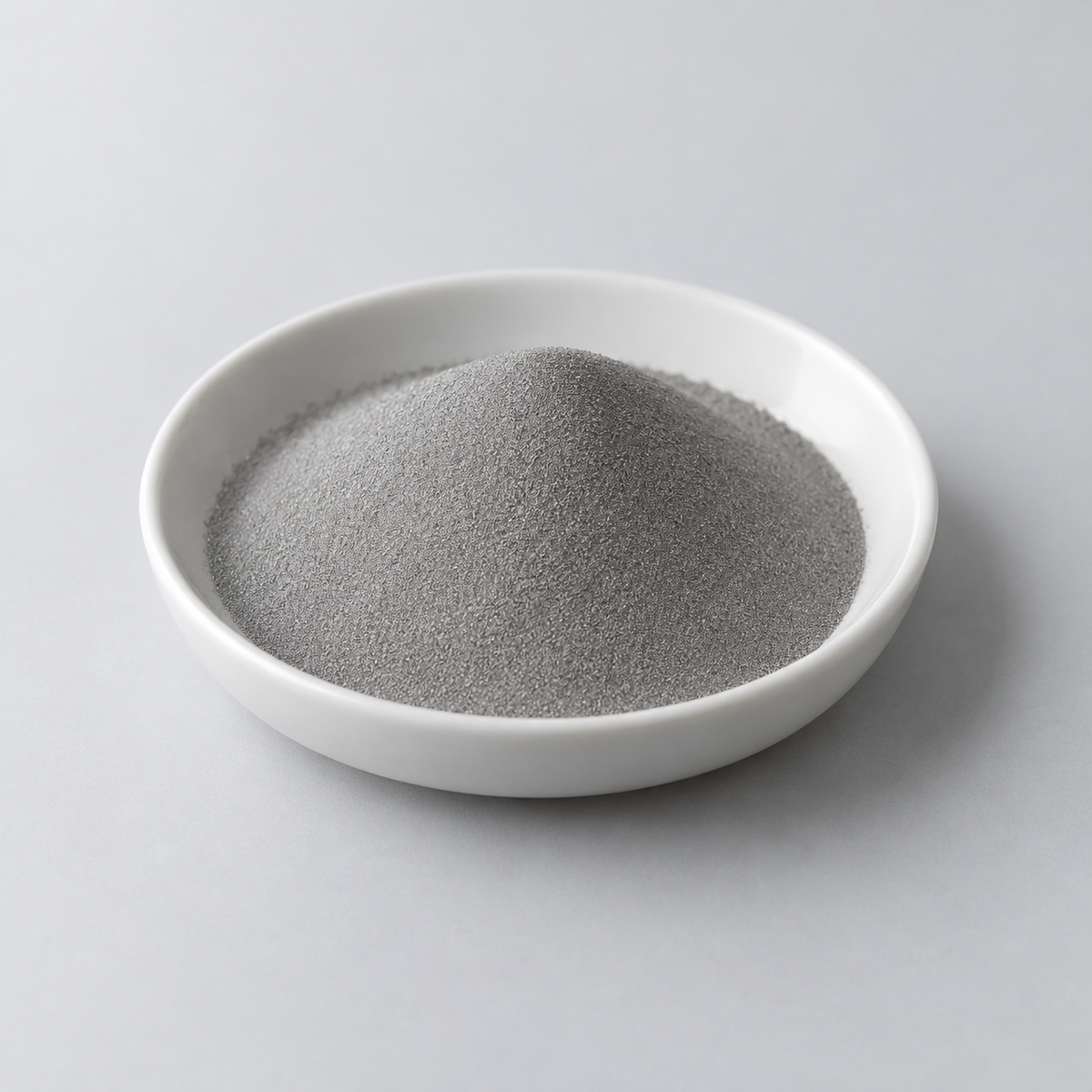 Representative image of 15-5 PH Stainless Steel Spherical Powder: fine neutral silver-gray 15-5 PH stainless steel powder in a white dish
