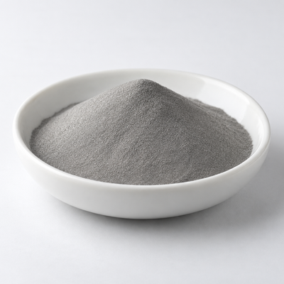 Representative image of 17-4 PH Stainless Steel Spherical Powder: fine silver-gray 17-4 PH spherical stainless steel powder in a white dish