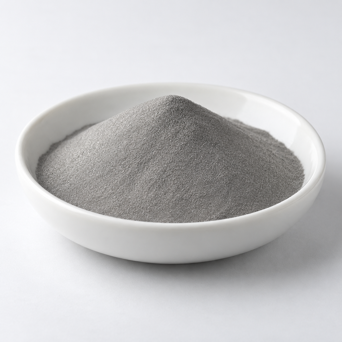 Representative image of 17-4 PH Stainless Steel Spherical Powder: fine silver-gray 17-4 PH spherical stainless steel powder in a white dish