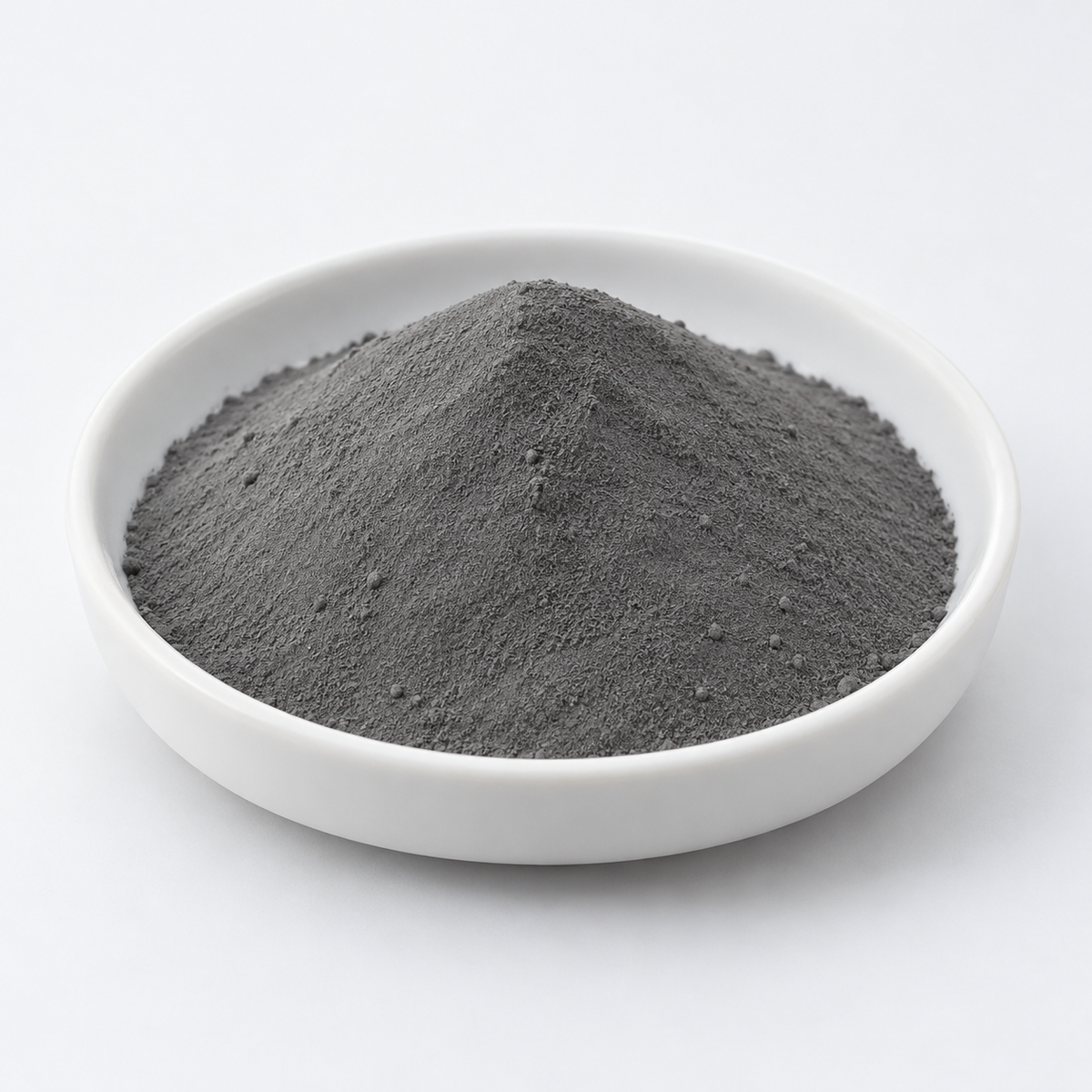 Representative image of 2219 Aluminum Alloy Spherical Powder: fine dark silvery gray 2219 aluminum alloy powder in a white dish