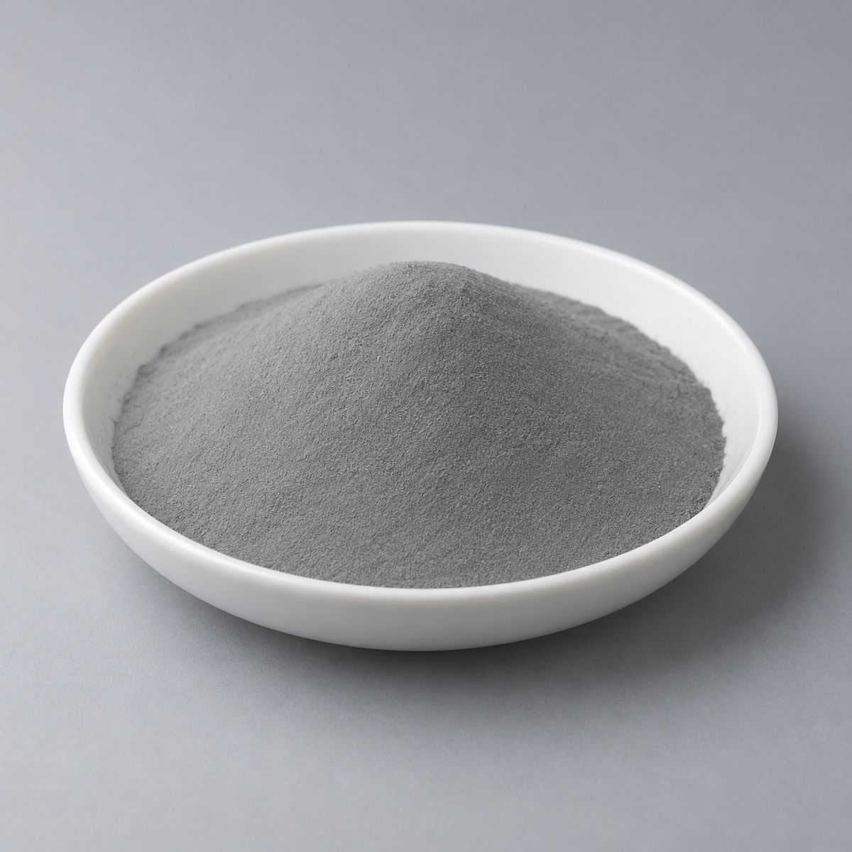 Representative image of 2A12 Aluminum Alloy Spherical Powder: fine neutral gray 2A12 spherical aluminum alloy powder in a white dish