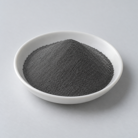 Representative image of 304L Stainless Steel Spherical Powder: fine dark-gray 304L stainless steel powder in a white dish