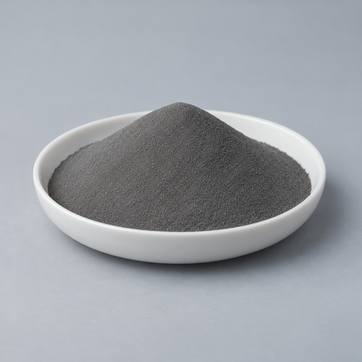 Representative image of 316L Stainless Steel Spherical Powder: fine dark steel-gray 316L stainless steel spherical powder in a white dish