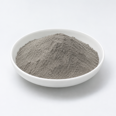 Representative image of 7050 Aluminum Alloy Spherical Powder: fine medium gray 7050 aluminum alloy powder in a white dish