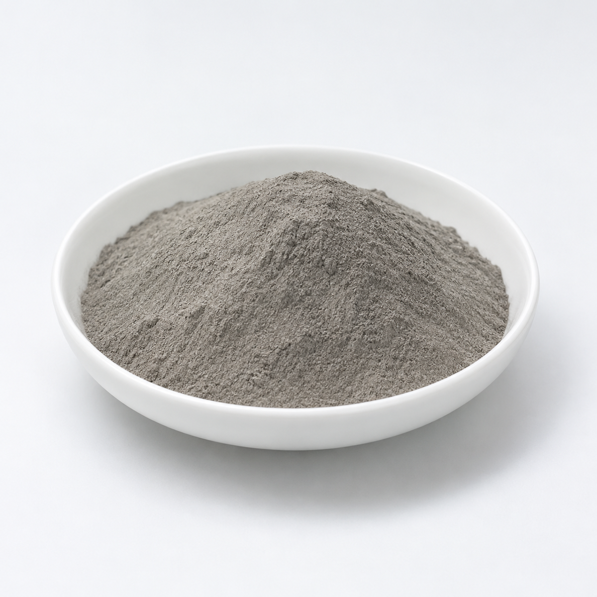 Representative image of 7050 Aluminum Alloy Spherical Powder: fine medium gray 7050 aluminum alloy powder in a white dish