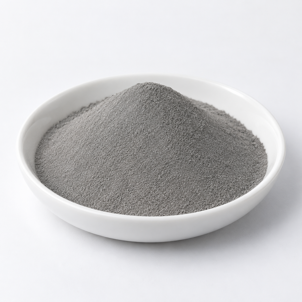 Representative image of AlSi12 Aluminum Alloy Spherical Powder: fine neutral gray AlSi12 alloy powder in a white dish