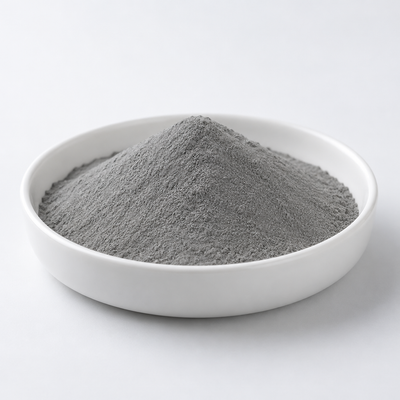 Representative image of AlSi12Mg Aluminum Alloy Spherical Powder: fine medium gray AlSi12Mg alloy powder in a white dish