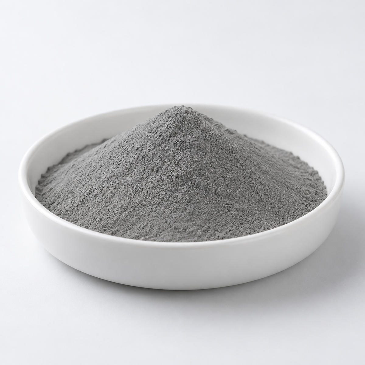 Representative image of AlSi12Mg Aluminum Alloy Spherical Powder: fine medium gray AlSi12Mg alloy powder in a white dish