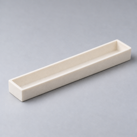 Representative image of Alumina Evaporation Boat: flat-bottom rectangular alumina ceramic boat with equal-height straight walls.