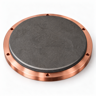 Representative image of Antimony Sulfide (Sb2S3) Sputtering Target, bonded to a six-hole copper mounting backplate