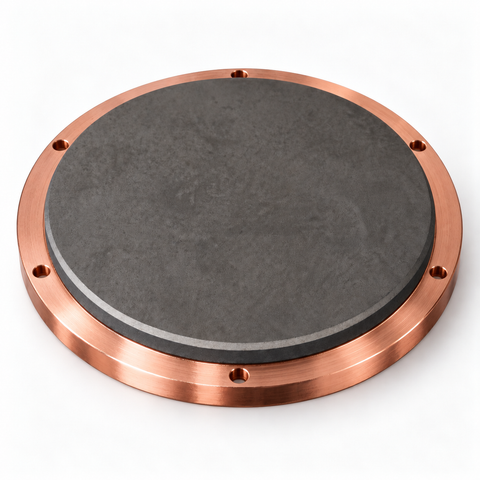 Representative image of Antimony Sulfide (Sb2S3) Sputtering Target, bonded to a six-hole copper mounting backplate