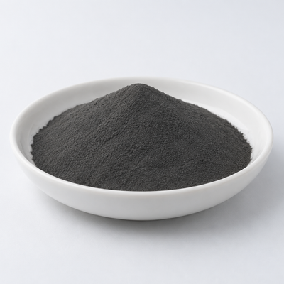 Representative image of BNi-7 Brazing Alloy Spherical Powder: fine dark charcoal-gray BNi-7 nickel brazing alloy powder in a white dish