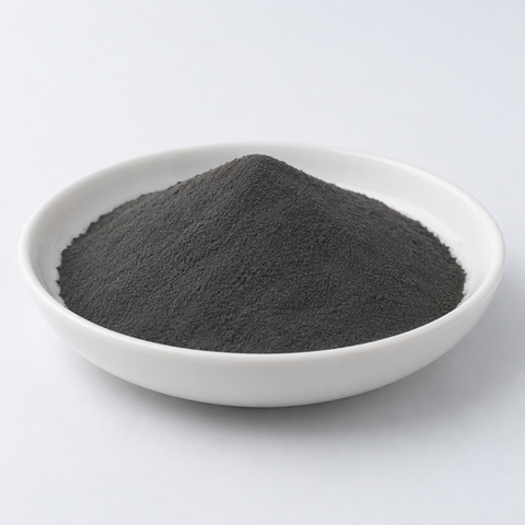 Representative image of BNi-7 Brazing Alloy Spherical Powder: fine dark charcoal-gray BNi-7 nickel brazing alloy powder in a white dish