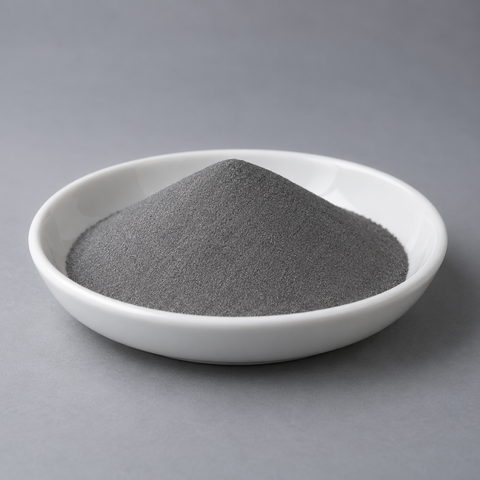 Representative image of CoCrMoW Cobalt Alloy Spherical Powder: fine neutral gray CoCrMoW spherical cobalt alloy powder in a white dish
