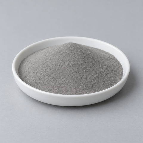 Representative image of FeCoNiCrMn High-Entropy Alloy Spherical Powder: fine matte neutral gray FeCoNiCrMn high-entropy alloy powder in a white dish