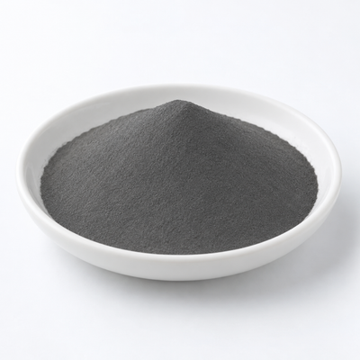 Representative image of FeCrNi High-Entropy Alloy Spherical Powder: fine dark gray FeCrNi alloy powder in a white dish