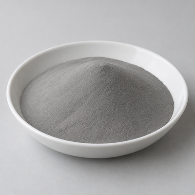 Representative image of H13 Tool Steel Spherical Powder: fine medium-gray H13 tool steel powder in a white dish
