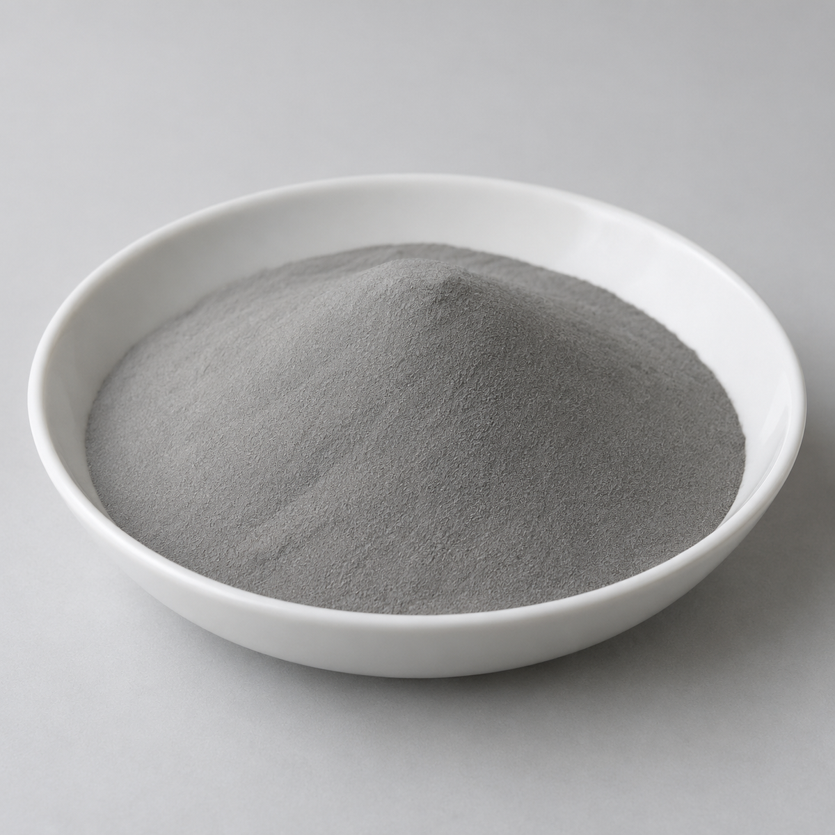 Representative image of H13 Tool Steel Spherical Powder: fine medium-gray H13 tool steel powder in a white dish