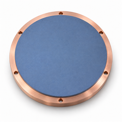 Representative image of Lithium-rich Lithium Manganese Oxide Target, bonded to a six-hole copper mounting backplate