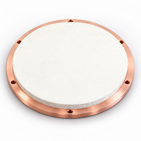 Representative image of Molybdenum Oxide (MoO3) Sputtering Target, bonded to a six-hole copper mounting backplate