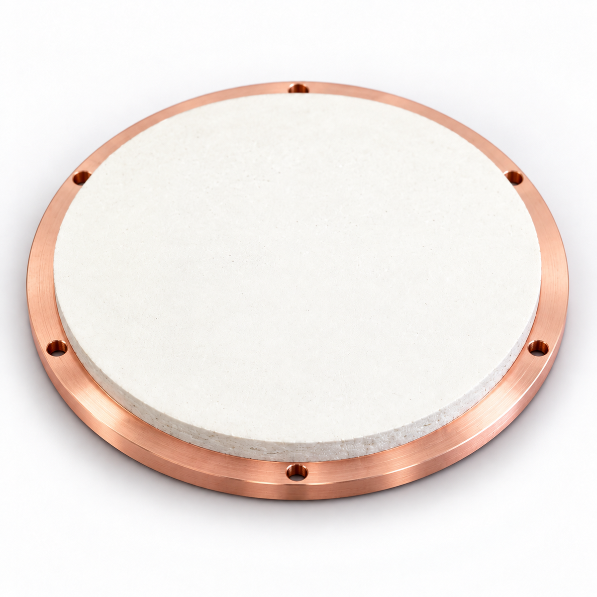 Representative image of Molybdenum Oxide (MoO3) Sputtering Target, bonded to a six-hole copper mounting backplate