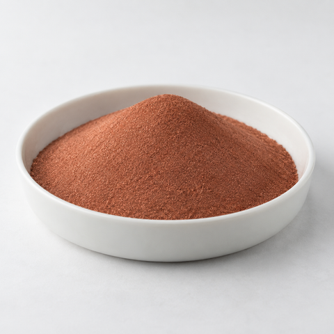 Representative image of Copper Spherical Powder: fine muted red-brown elemental copper powder in a white dish