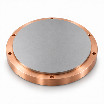 Representative Silver Copper Sputtering Targets image: smooth flat silver-gray target face on a copper-colored mounting plate.