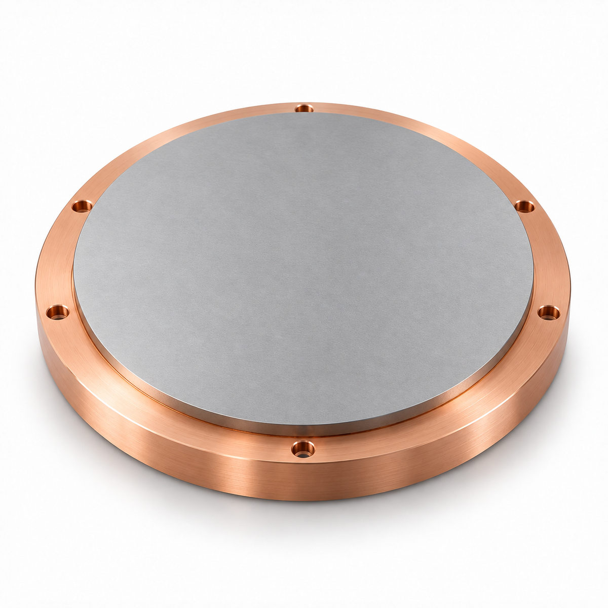 Representative Silver Copper Sputtering Targets image: smooth flat silver-gray target face on a copper-colored mounting plate.