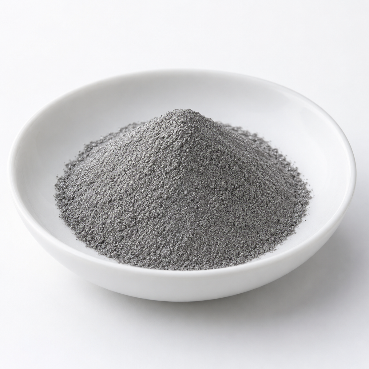Representative image of Rhenium Spherical Powder: fine silvery gray rhenium powder in a white dish