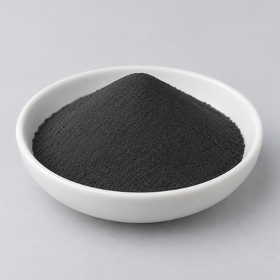 Representative image of Tantalum Spherical Powder: fine dark charcoal-gray spherical tantalum powder in a white dish