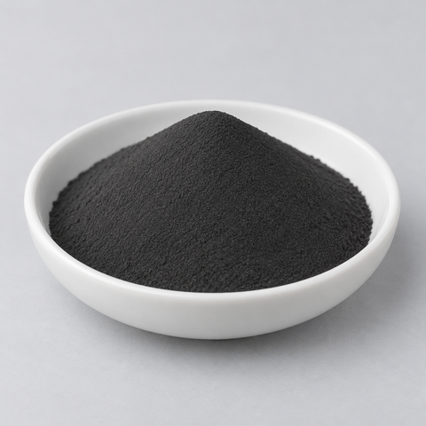 Representative image of Tantalum Spherical Powder: fine dark charcoal-gray spherical tantalum powder in a white dish